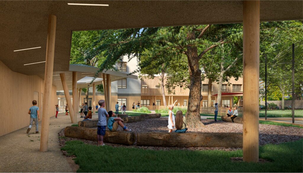 Perspective de la cour d'école élémentaire arborée Rendu 3D d'une cour d'école élémentaire arborée avec sols perméables à Villeurbanne