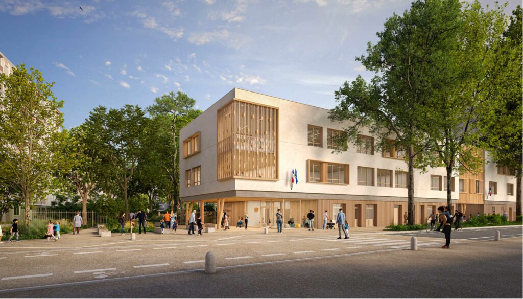 Perspective du parvis d'école et de la traversée piétonne Rendu 3D du projet d'aménagement pour le parvis d'école et la traversée piétonne à Villeurbanne