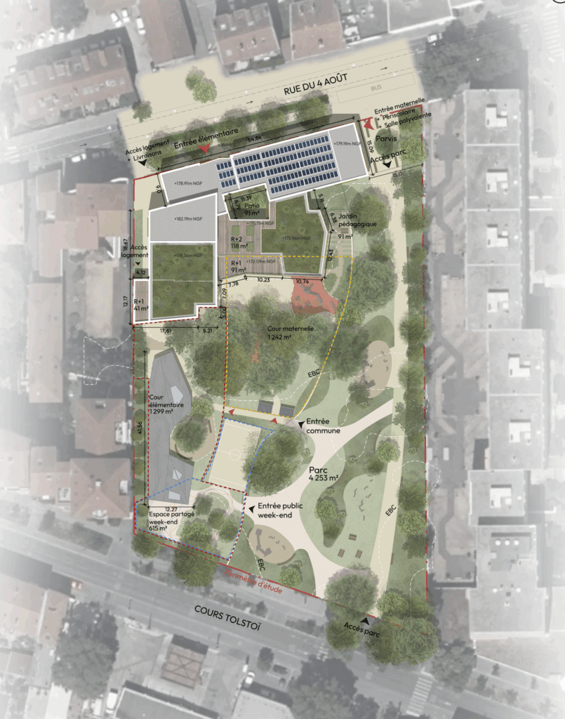 Plan masse du groupe scolaire Jacques Prévert – Le perchoir paysage lan masse du projet de réaménagement paysager pour la cour du groupe scolaire Jacques Prévert à Villeurbanne