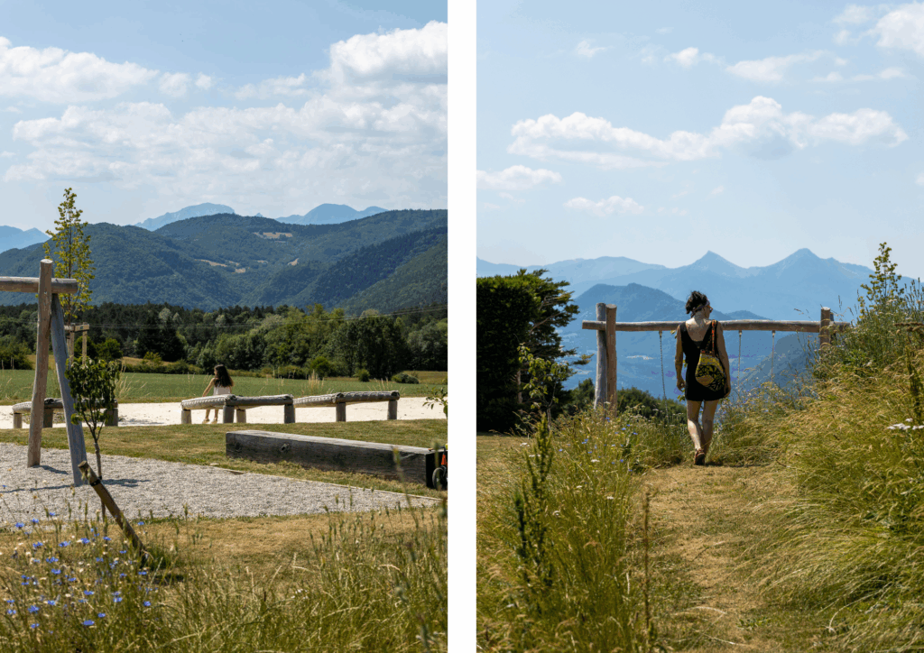 Sentier piéton paysager et promeneuse profitant d'une vue panoramique sur les montagnes à Sinard.