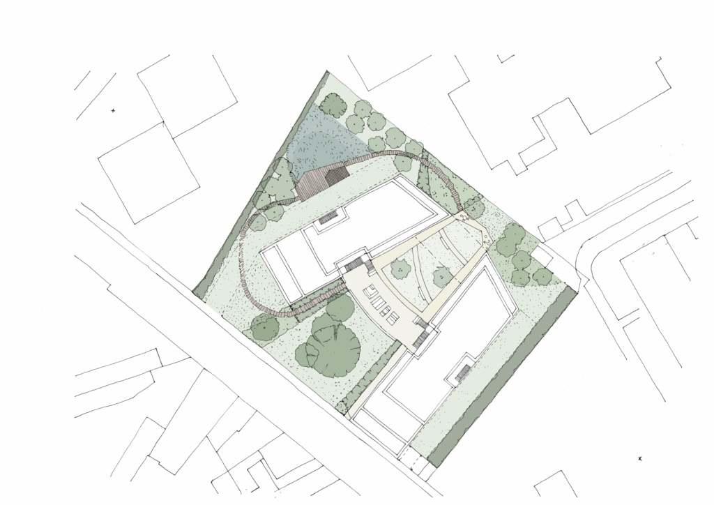 Plan masse du projet d'aménagement paysager des abords de bureaux dans le quartier des États-Unis à Lyon