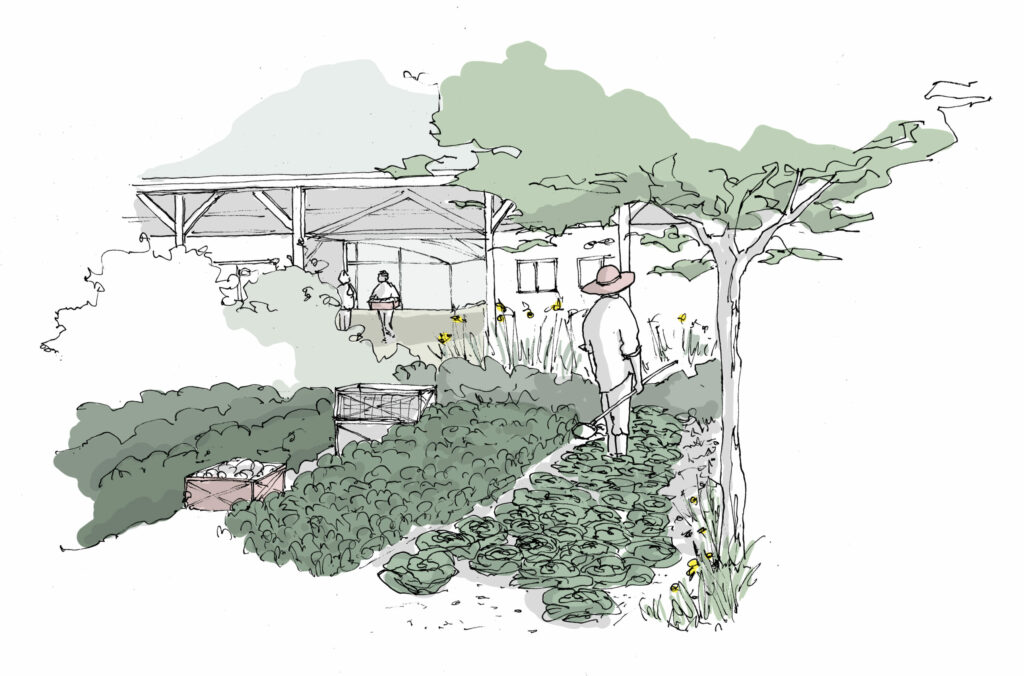 Croquis d'ambiance d'un espace d'agroforesterie et de maraîchage pour une ferme urbaine à Grenoble