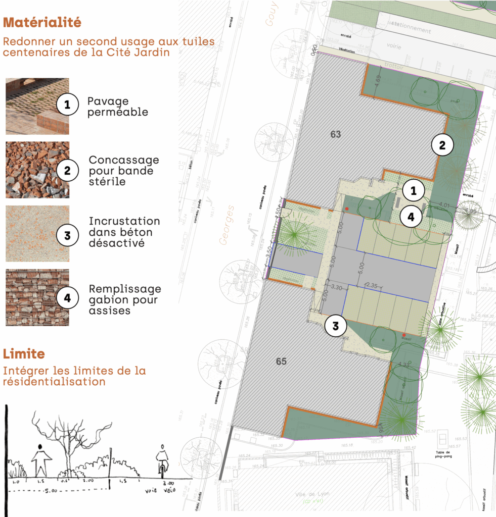 Planche des matériaux de sol et réemploi de tuiles centenaires pour une résidence à Lyon 7