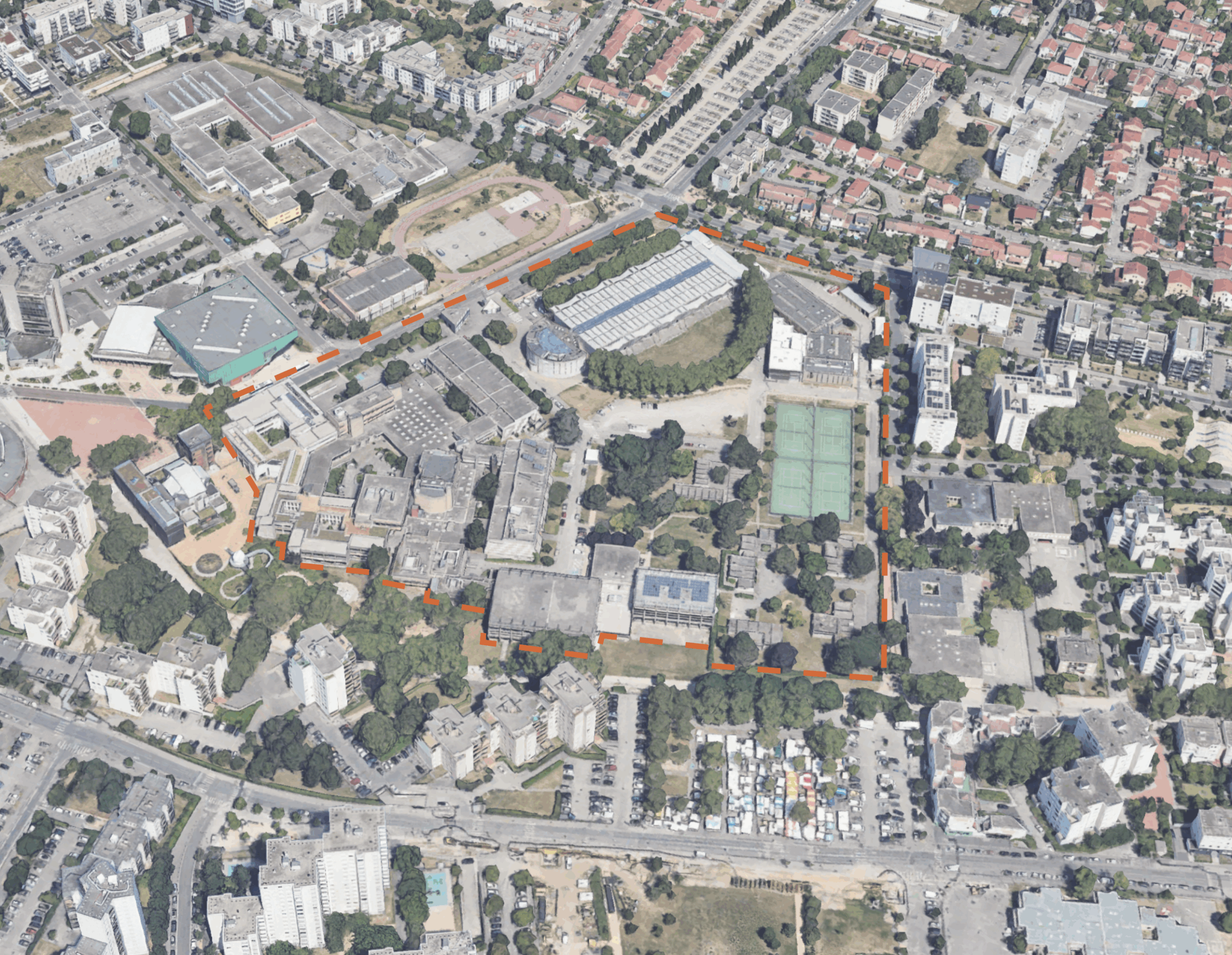 Esquisse du parvis d’entrée de l’ENTPE à Vaulx-en-Velin, vue du site