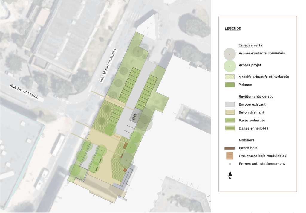 Plan guide technique et légende des aménagements paysagers pour le parvis de l'ENTPE à Vaulx-en-Velin