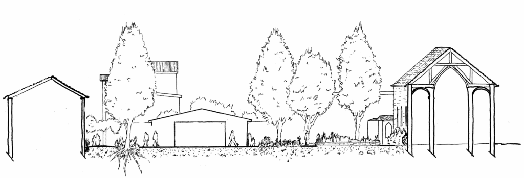 Coupe en élévation du jardin de curé et du front bâti patrimonial à Vancia