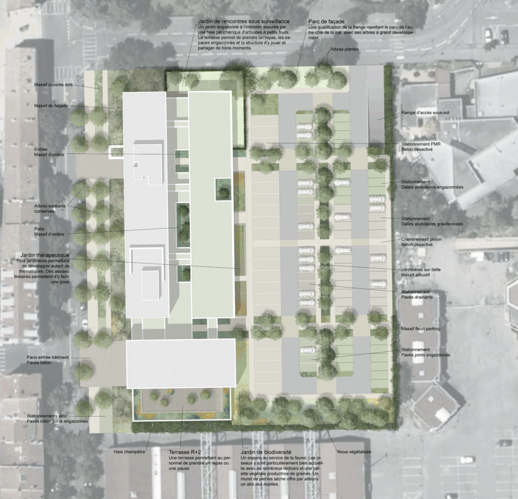 Plan masse et orientations paysagères de la MDSA de Valence – Le perchoir paysage Plan masse du projet d'aménagement paysager et de la gestion des espaces extérieurs pour la MDSA de Valence