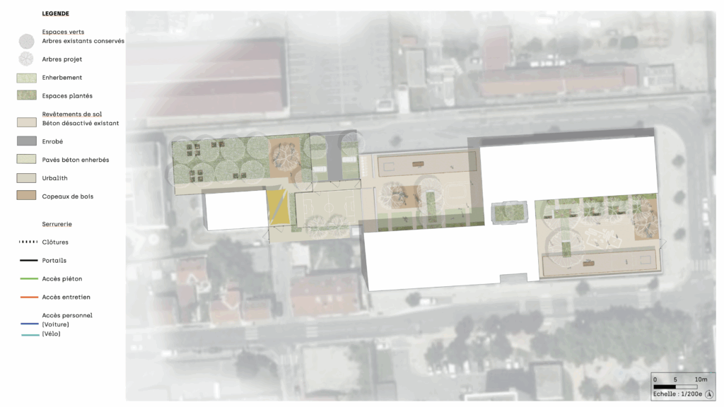 Plan masse et légende des aménagements pour les cours du groupe scolaire Salvador Allende à Saint-Fons