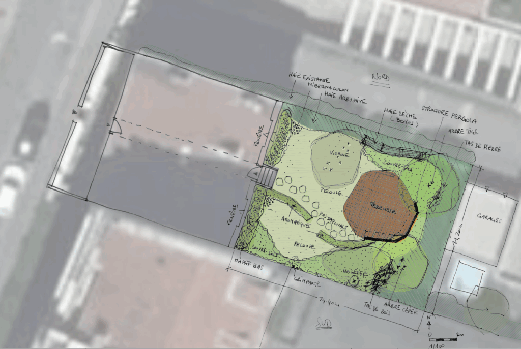 Plan masse du projet de réaménagement paysager pour le jardin de la résidence Amiral Courbet à Lyon 3