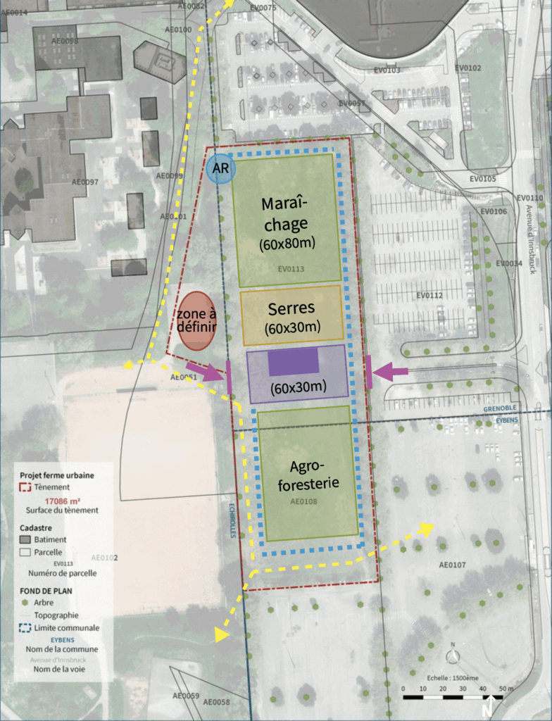 Plan d'aménagement technique des serres, zones de maraîchage et d'agroforesterie d'une ferme urbaine à Grenoble