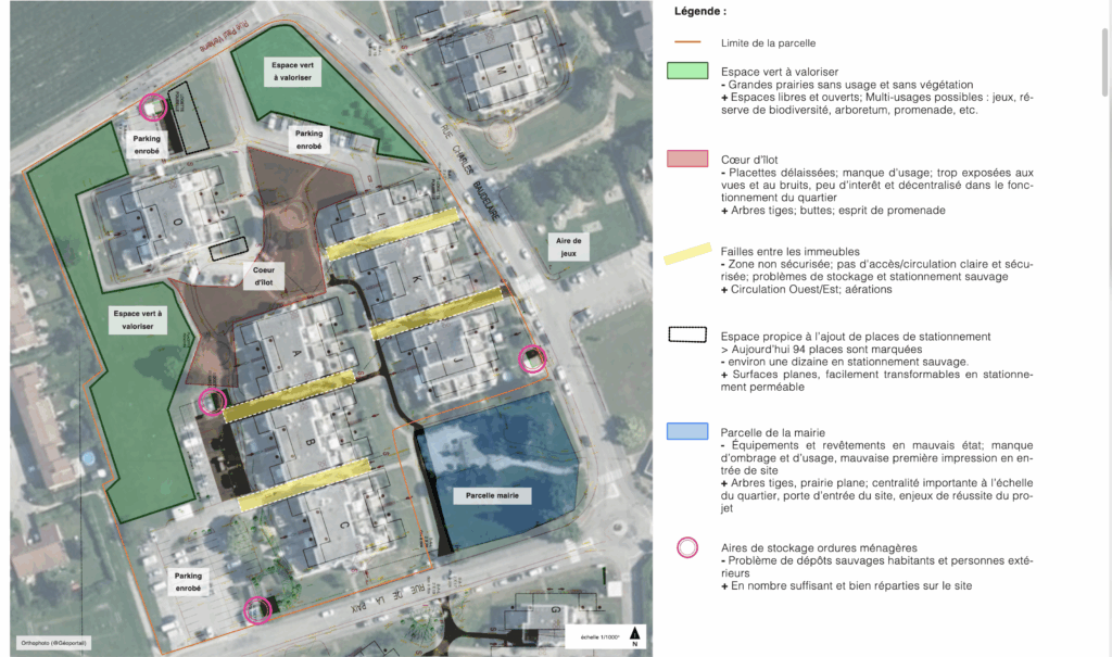 Plan masse général et légende des aménagements paysagers d'une résidence à La Tour-du-Pin