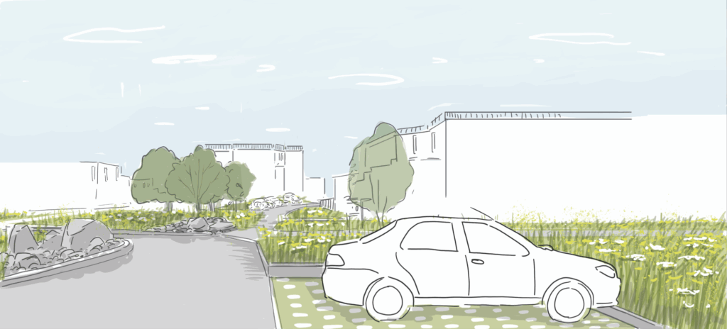 Croquis de l'aménagement d'un parking végétalisé pour une résidence à La Tour-du-Pin