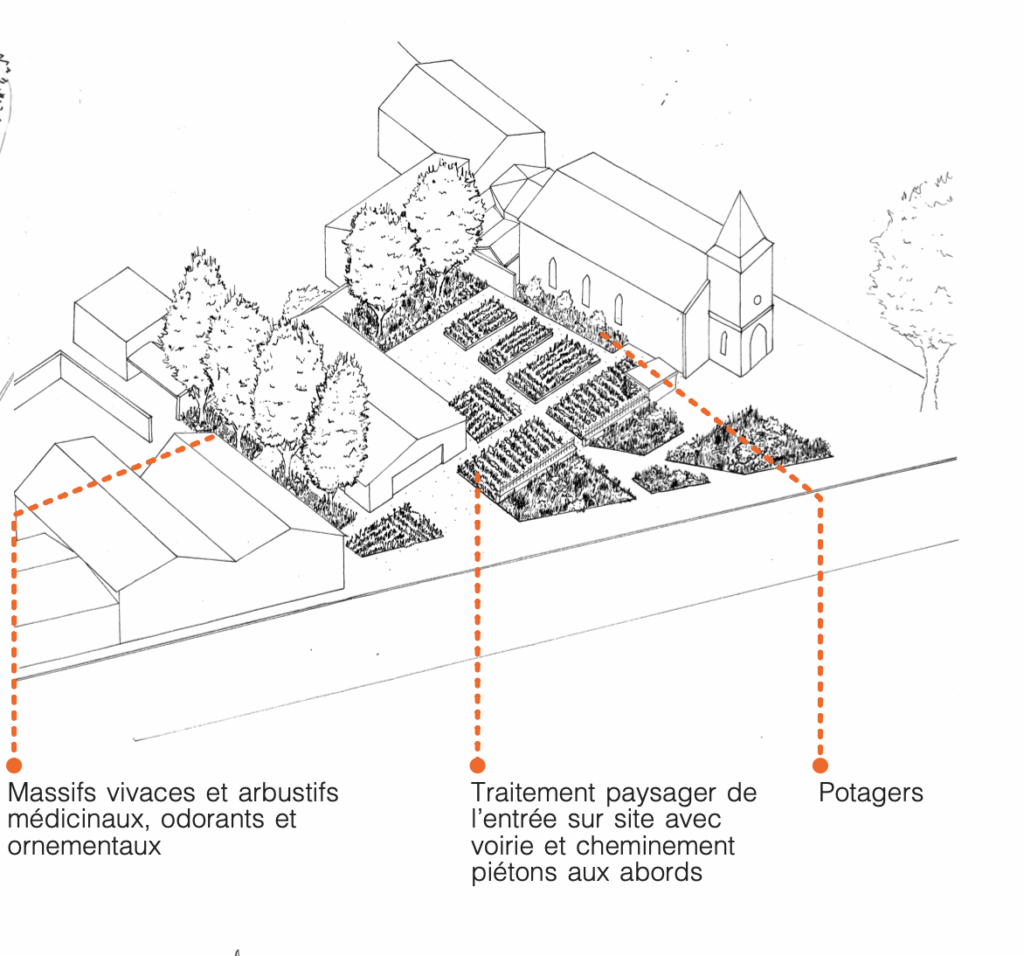 Croquis en axonométrie de massifs de plantes médicinales dans un jardin public à Rillieux-la-Pape