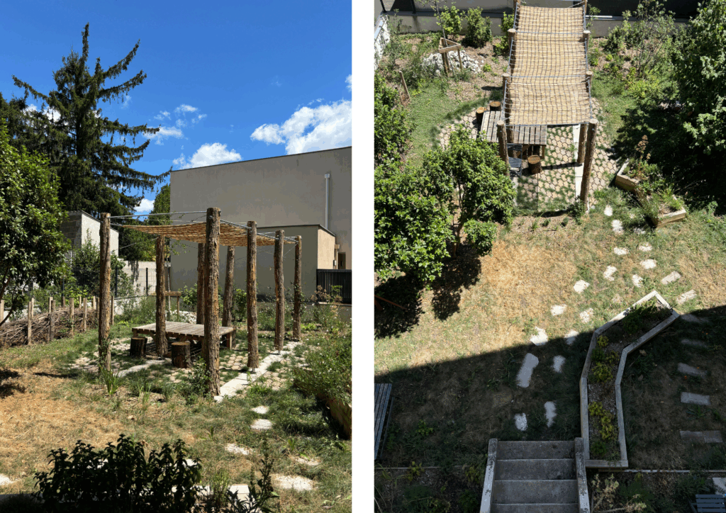 Pergola en robinier et cheminement en pas japonais intégrés dans un jardin résidentiel à Lyon
