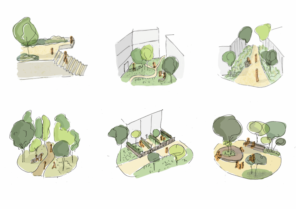 Croquis des ambiances urbaines et végétales – Le perchoir paysage Planche d'illustrations et croquis d'ambiances végétales pour une étude paysagère et urbaine