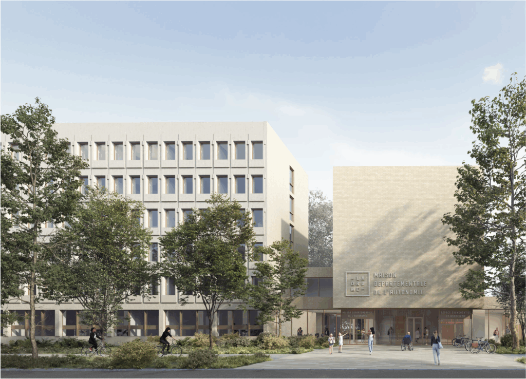 Perspective 3D du parvis et des aménagements paysagers – Le perchoir paysage Rendu 3D de l'insertion paysagère, du parvis et des arbres d'ornement devant la MDSA de Valence