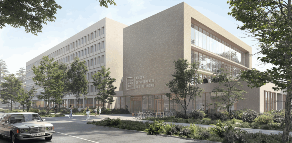 Perspective 3D du projet depuis l'avenue Beltrame – Le perchoir paysage Rendu 3D de l'alignement d'arbres et des aménagements paysagers en bord de rue de la MDSA à Valence