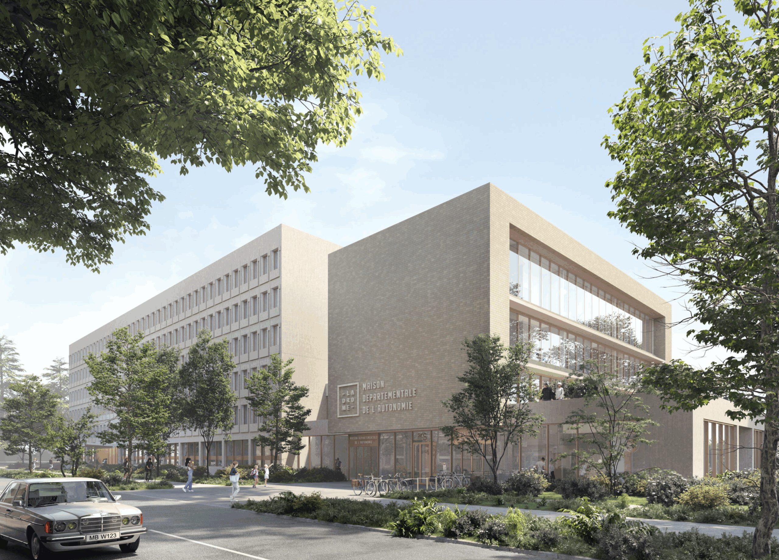 Aménagement paysager des Maisons Départementales des Solidarités et de l’Autonomie à Valence avec espaces verts et continuités piétonnes