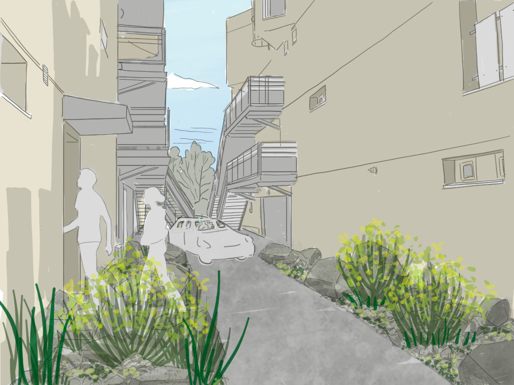 Croquis d'aménagement de venelles sécurisées et végétalisées entre les logements à La Tour-du-Pin