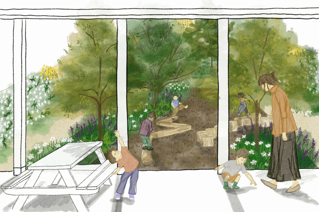 Perspective illustrée de la cour ouest arborée – Le perchoir paysage Illustration paysagère de la cour ouest vue depuis l'intérieur avec table de pique-nique et cheminements plantés.