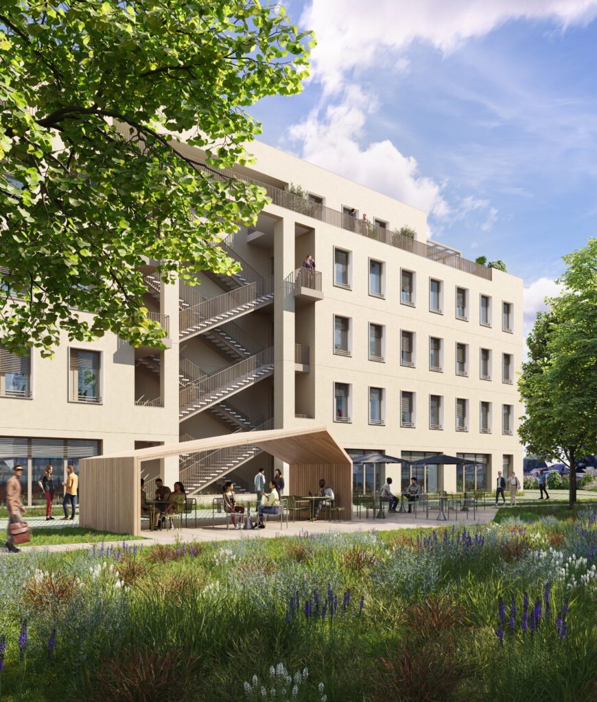 Rendu 3D d'un parc perméable, d'une terrasse abritée et de la désimperméabilisation des sols à Lyon 8