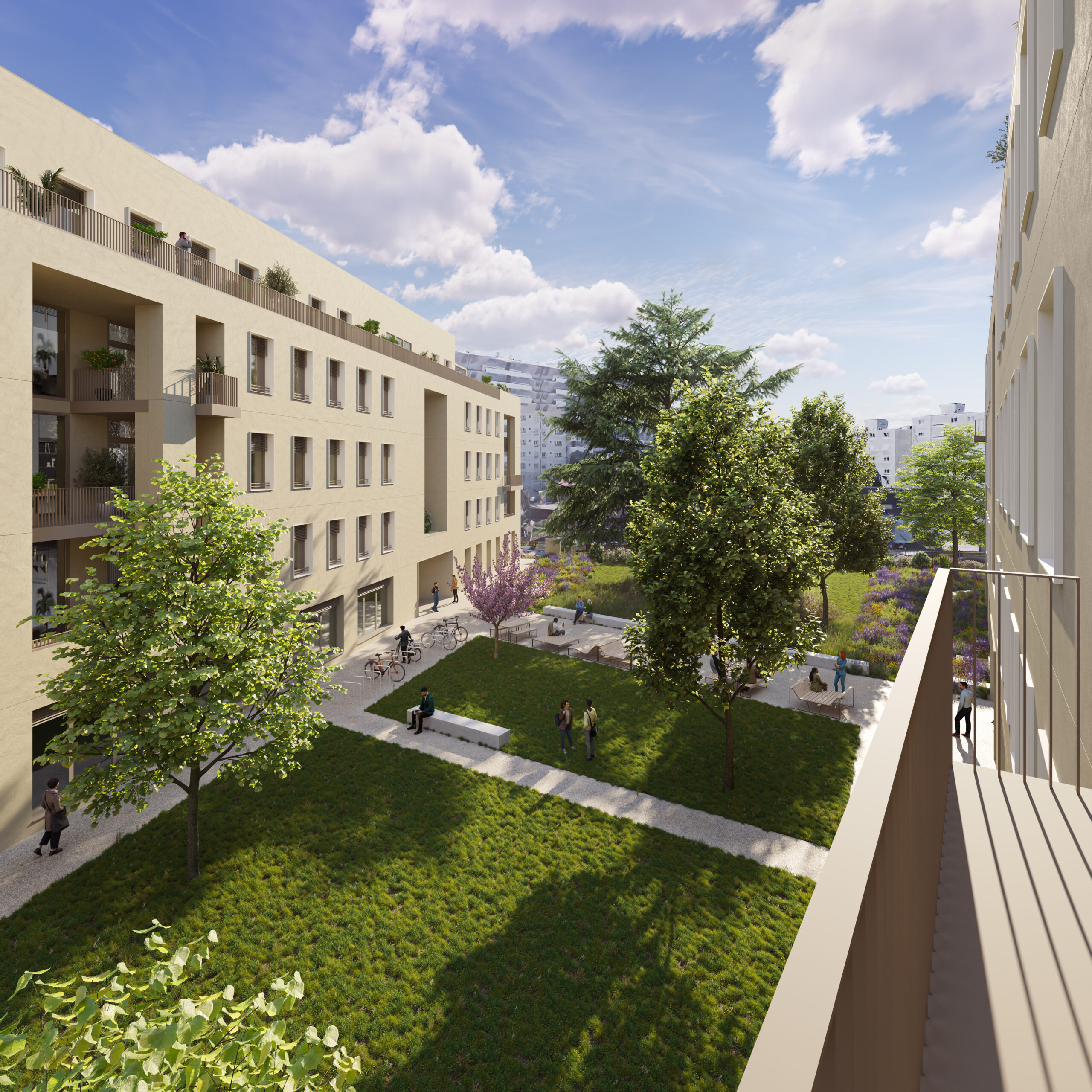 Aménagement paysager des abords des bâtiments tertiaires à Lyon, vue générale du parc et arbres remarquables