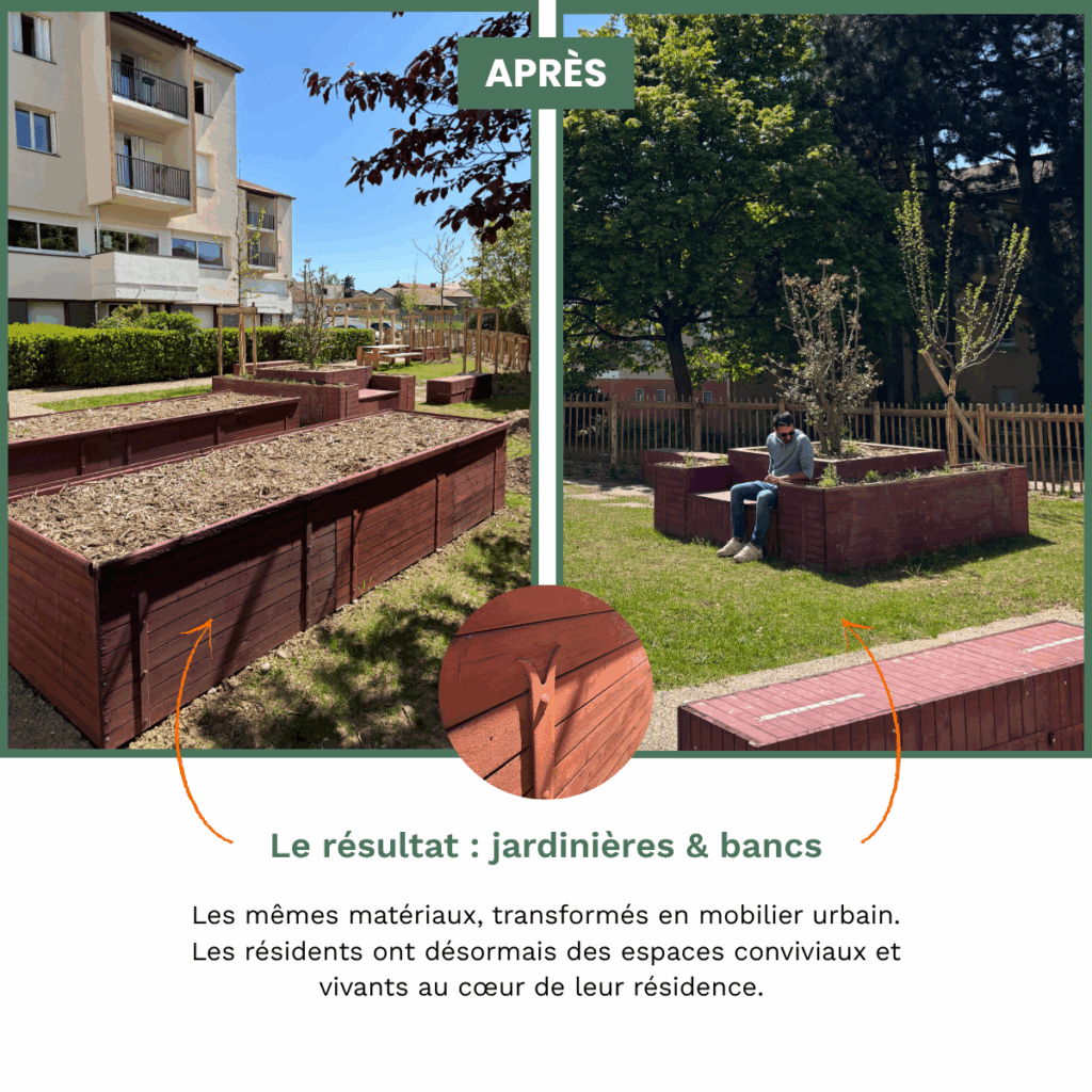 Mobilier urbain réalisé avec des volets réemployés transformés en bancs et jardinières