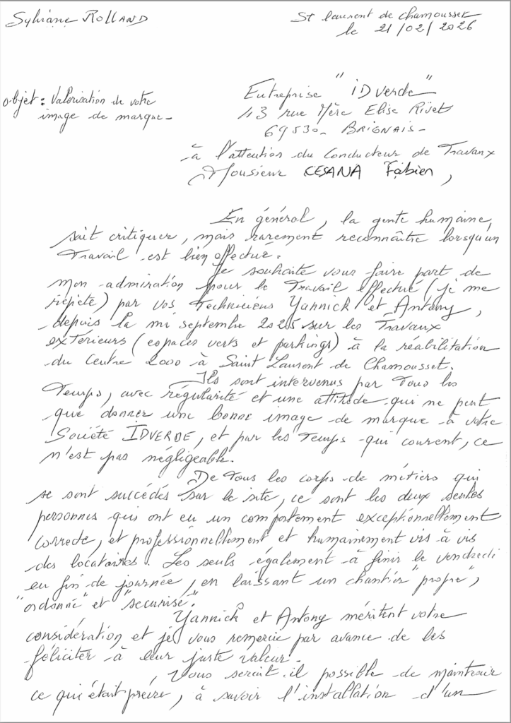 Lettre de remerciement adressée aux équipes du chantier à Saint-Laurent-de-Chamousset