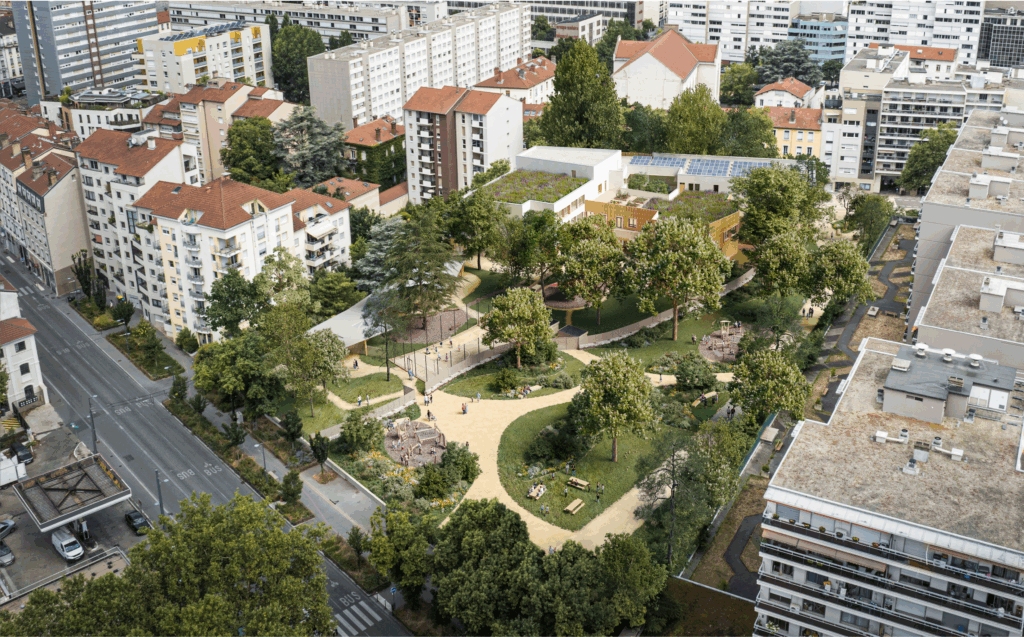 Vue aérienne 3D du projet de requalification d'un square urbain végétalisé à Villeurbanne