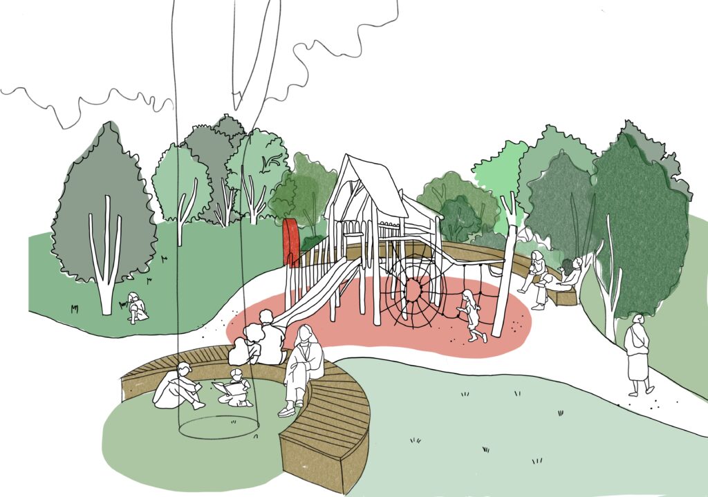 Croquis en perspective des aménagements et aires de jeux du square Jacques Prévert à Villeurbanne