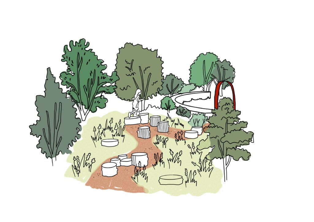 Croquis de l'îlot de jeux et parcours ludique sous les arbres pour un square à Villeurbanne