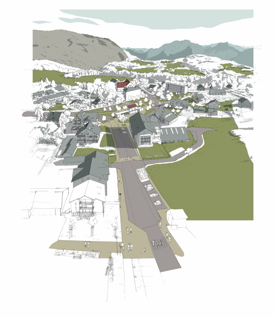 vue perspective de la place réaffirmée à Saint-Nizier-du-Moucherotte par le perchoir paysage