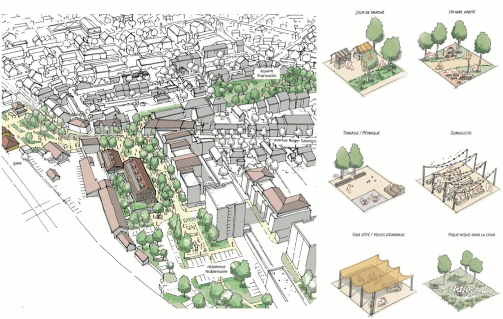 Vue axonométrique du quartier de la gare et du futur pôle d'équipements publics à Ambérieu-en-Bugey · le perchoir paysage