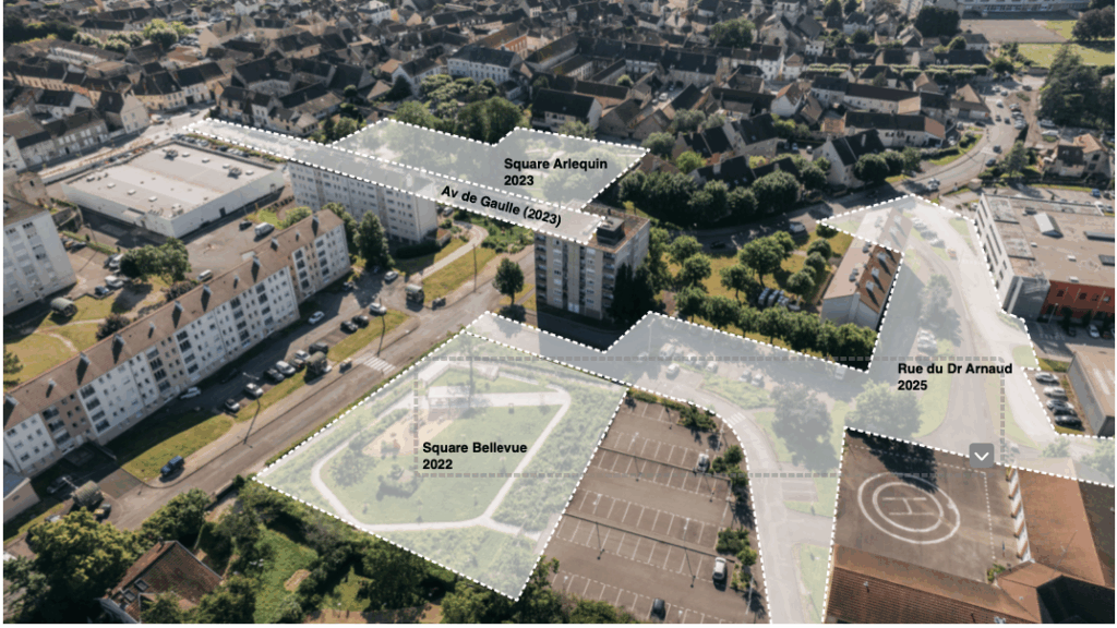 Vue aérienne des espaces publics réaménagés du centre-bourg de Chagny · le perchoir paysage
