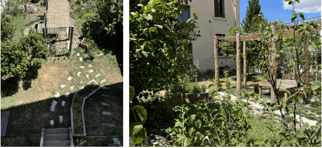 Jardin de biodiversité et pergola en bois de réemploi de la résidence Amiral Courbet à Lyon · le perchoir paysage
