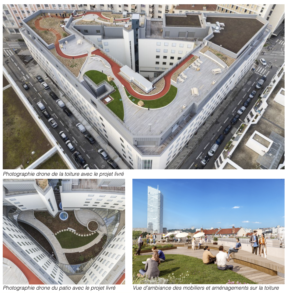 Vue par drone de la toiture végétalisée de l'immeuble Le Stratège livré · le perchoir paysage
