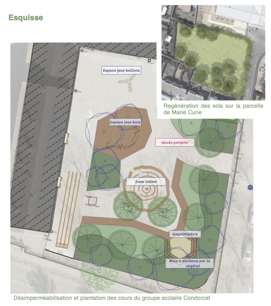 Esquisse du groupe scolaire Condorcet et parcelle Marie Curie, Meyzieu par le perchoir paysage 