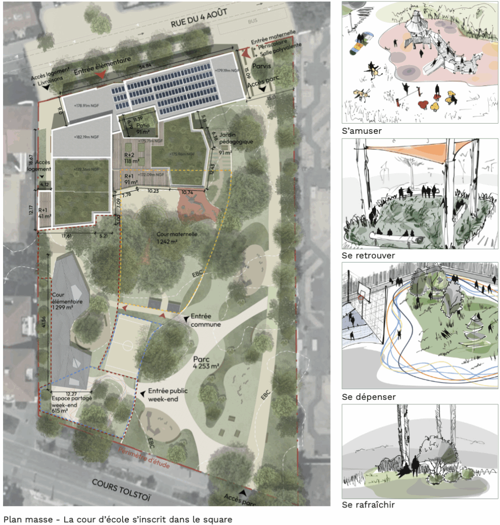 Plan masse et croquis,Cour du groupement scolaire Jacques Prévert, Villeurbanne par le perchoir paysage Plan masse et croquis,Cour du groupement scolaire Jacques Prévert, Villeurbanne par le perchoir paysage
