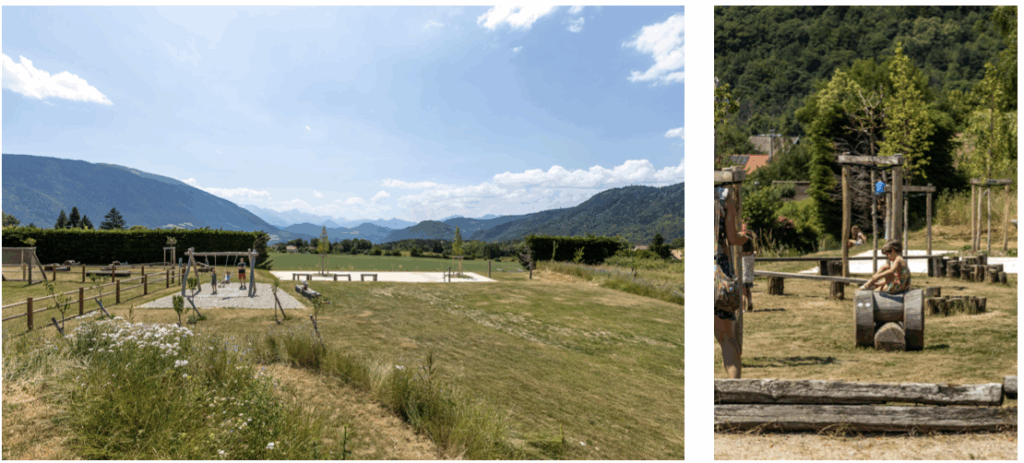 Création de butte avec de la terre du site sur le terrain multisport à Sinard par le perchoir paysage