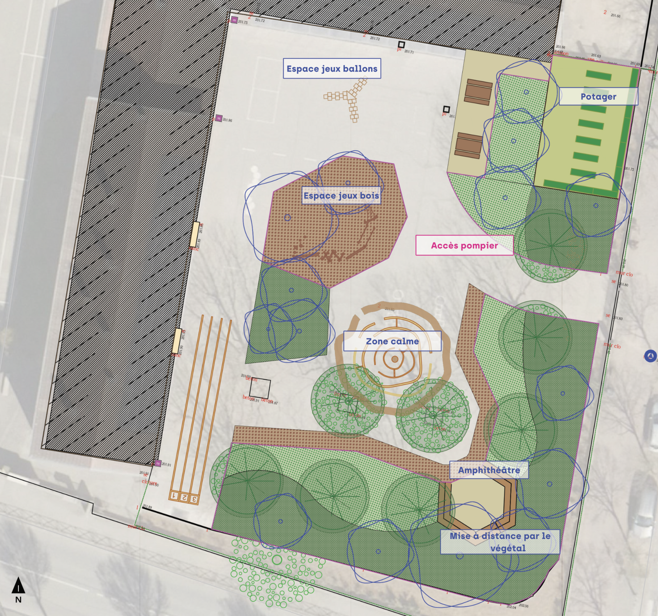Plan Cour d'école désimperméabilisée et plantée par le perchoir paysage au groupe scolaire Condorcet à Meyzieu Plan Cour d'école désimperméabilisée et plantée par le perchoir paysage au groupe scolaire Condorcet à Meyzieu