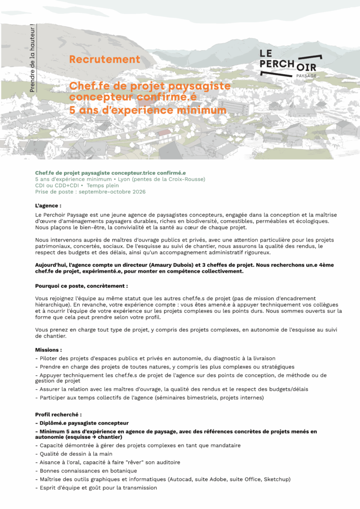 Fiche de poste pour le poste de chef de projet paysage concepteur à Lyon au perchoir paysage